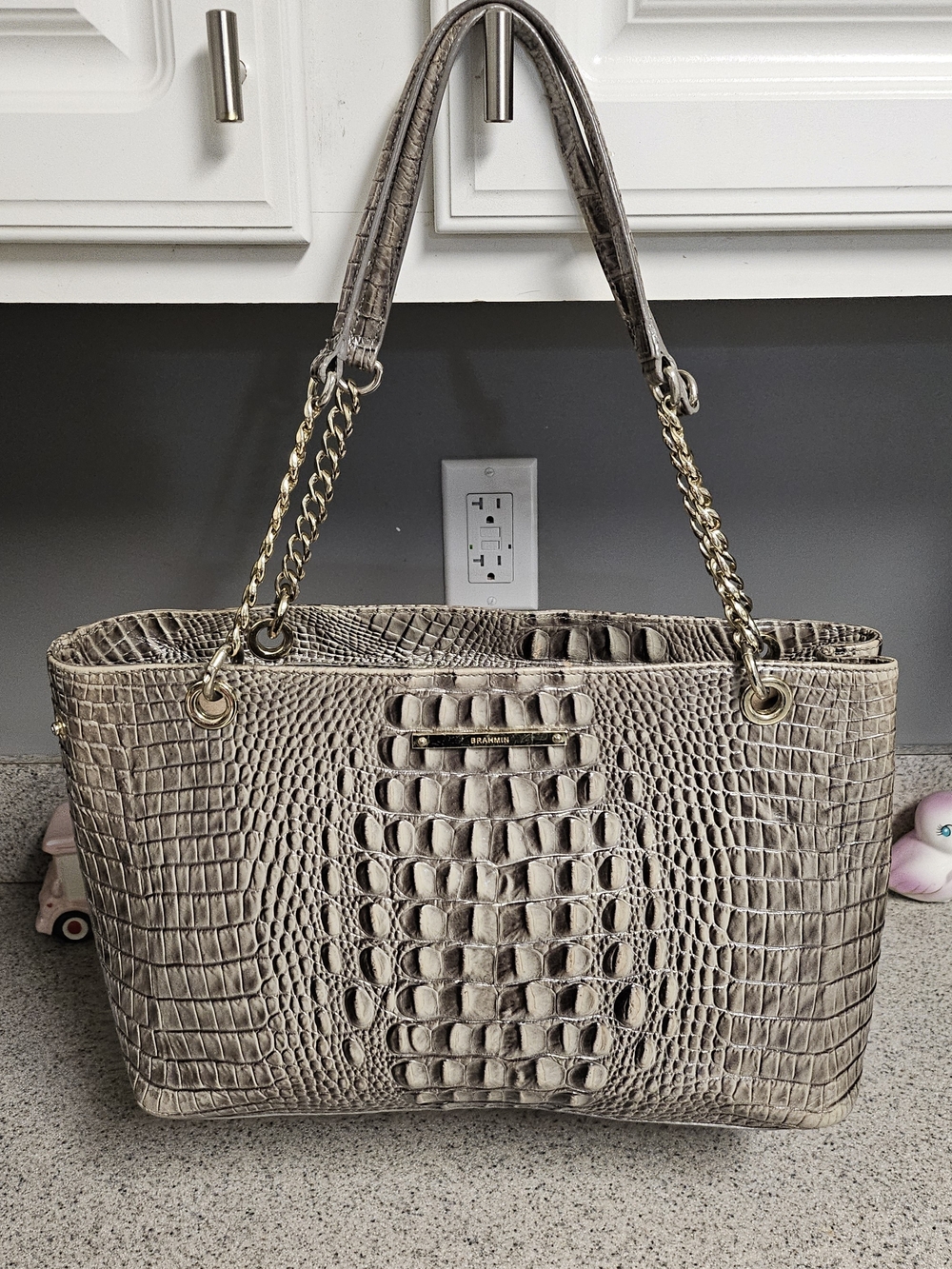 Brahmin Taupe Croc-Embossed Leather Tote
